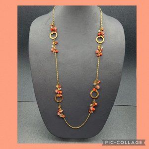 LOFT Long Orange Gold Necklace Pink Dangle Circle Chain